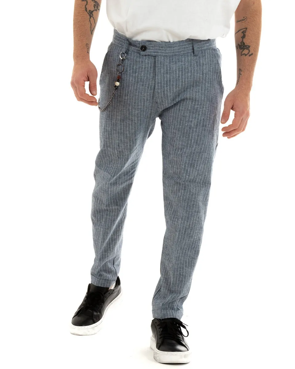 Pantaloni Uomo Lino Tasca America Rigato Gessato Blu Abbottonatura Allungata GIOSAL-P5754A