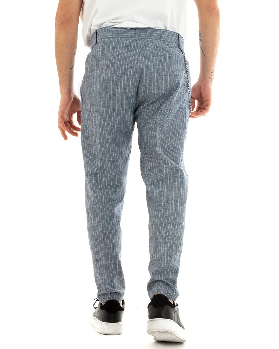 Pantaloni Uomo Lino Tasca America Rigato Gessato Blu Abbottonatura Allungata GIOSAL-P5754A