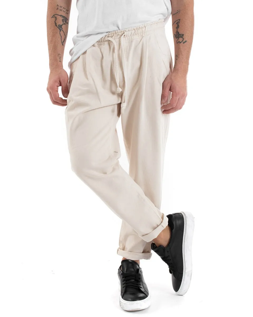 Pantaloni Uomo Pantalaccio Comodo Cotone Elastico Casual Basic Panna GIOSAL-P5555A