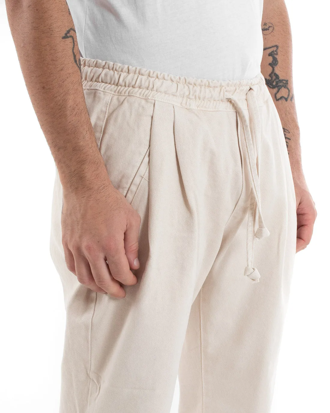 Pantaloni Uomo Pantalaccio Comodo Cotone Elastico Casual Basic Panna GIOSAL-P5555A