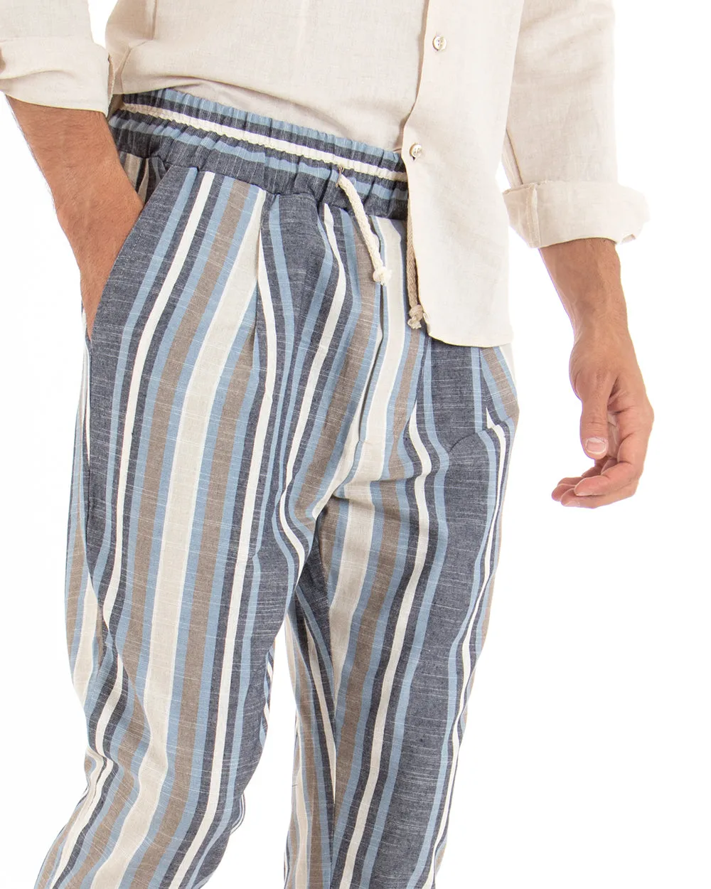 Pantaloni Uomo Pantalaccio Elastico Coulisse Lino Righe Rigato Blu Multicolore Casual GIOSAL-P3798A