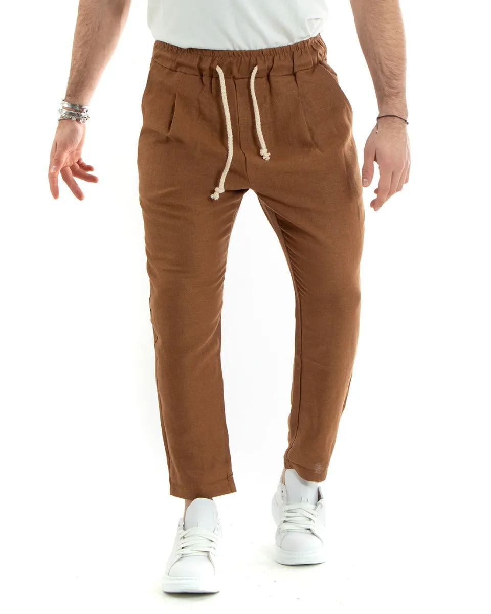 Pantaloni Uomo Pantalaccio Lino Lungo Jogger Elastico Sartoriale Casual Tinta Unita Camel GIOSAL-P5811A