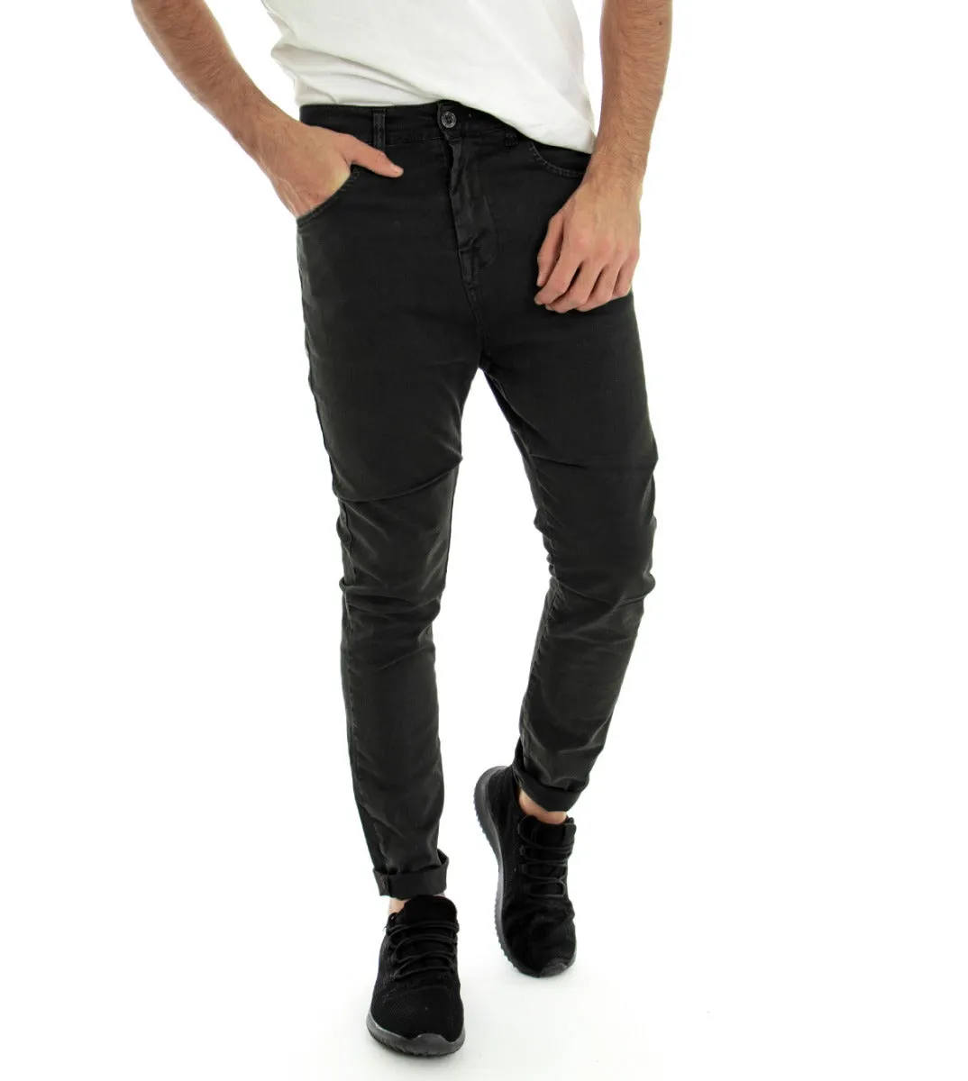 Pantaloni Uomo Slim Cinque Tasche Nero Tinta Unita Cotone GIOSAL-P2680A