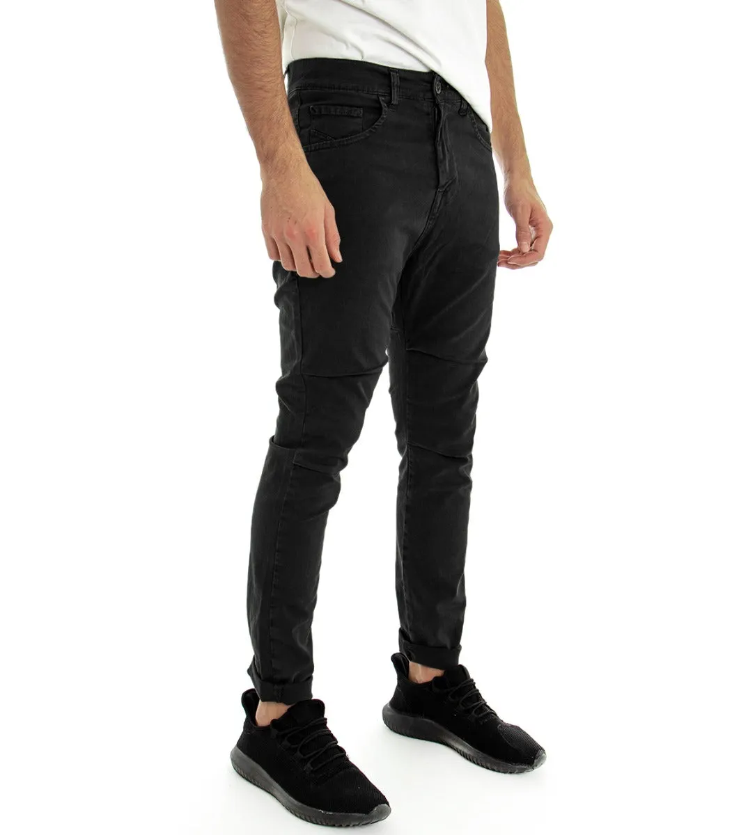 Pantaloni Uomo Slim Cinque Tasche Nero Tinta Unita Cotone GIOSAL-P2680A