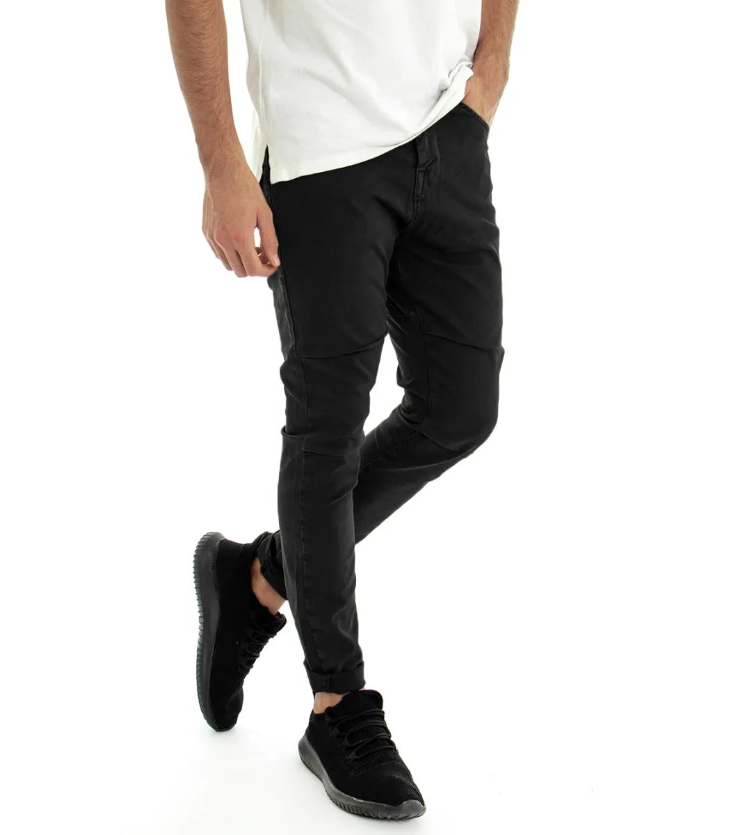 Pantaloni Uomo Slim Cinque Tasche Nero Tinta Unita Cotone GIOSAL-P2680A