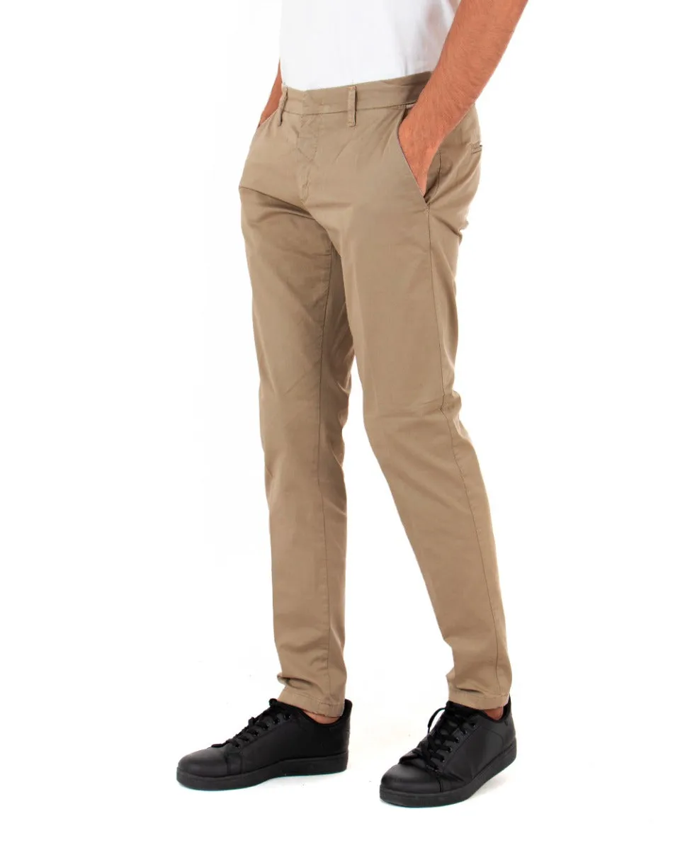 Pantaloni Uomo Slim Tasca America Tinta Unita Camel Abbottonatura Nascosta GIOSAL-P3654A