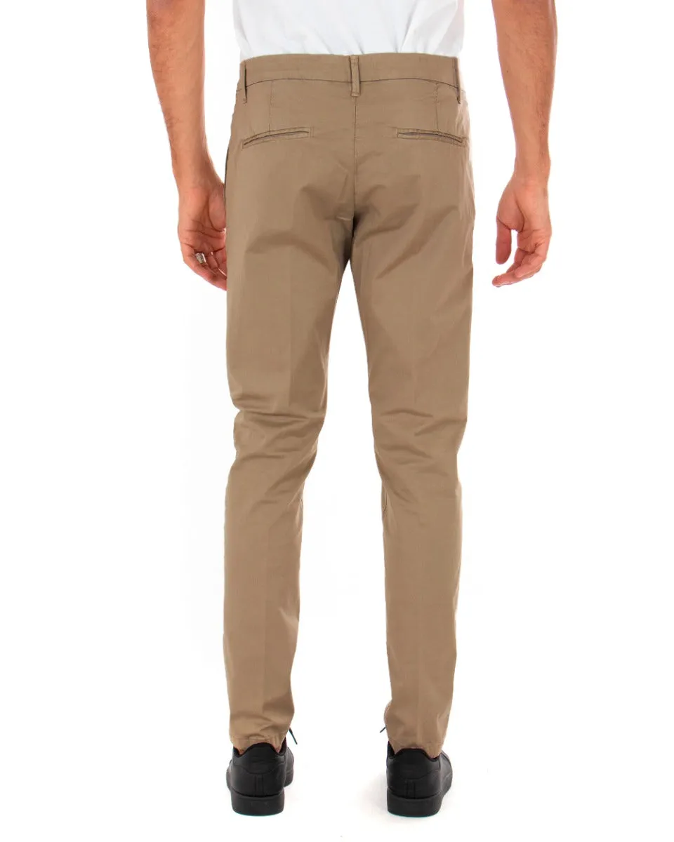 Pantaloni Uomo Slim Tasca America Tinta Unita Camel Abbottonatura Nascosta GIOSAL-P3654A