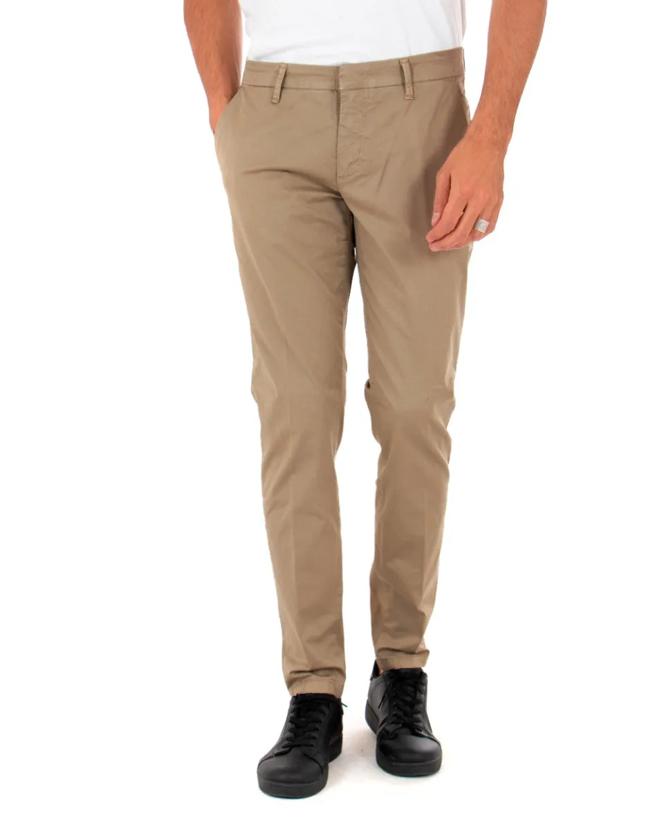 Pantaloni Uomo Slim Tasca America Tinta Unita Camel Abbottonatura Nascosta GIOSAL-P3654A