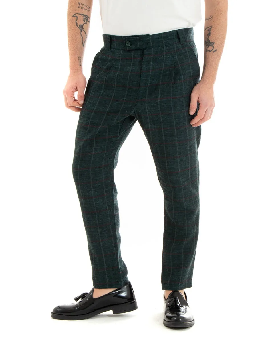 Pantaloni Uomo Tasca America Lino Classico Sartoriale Con Pinces Scozzese Verde GIOSAL-P3827A