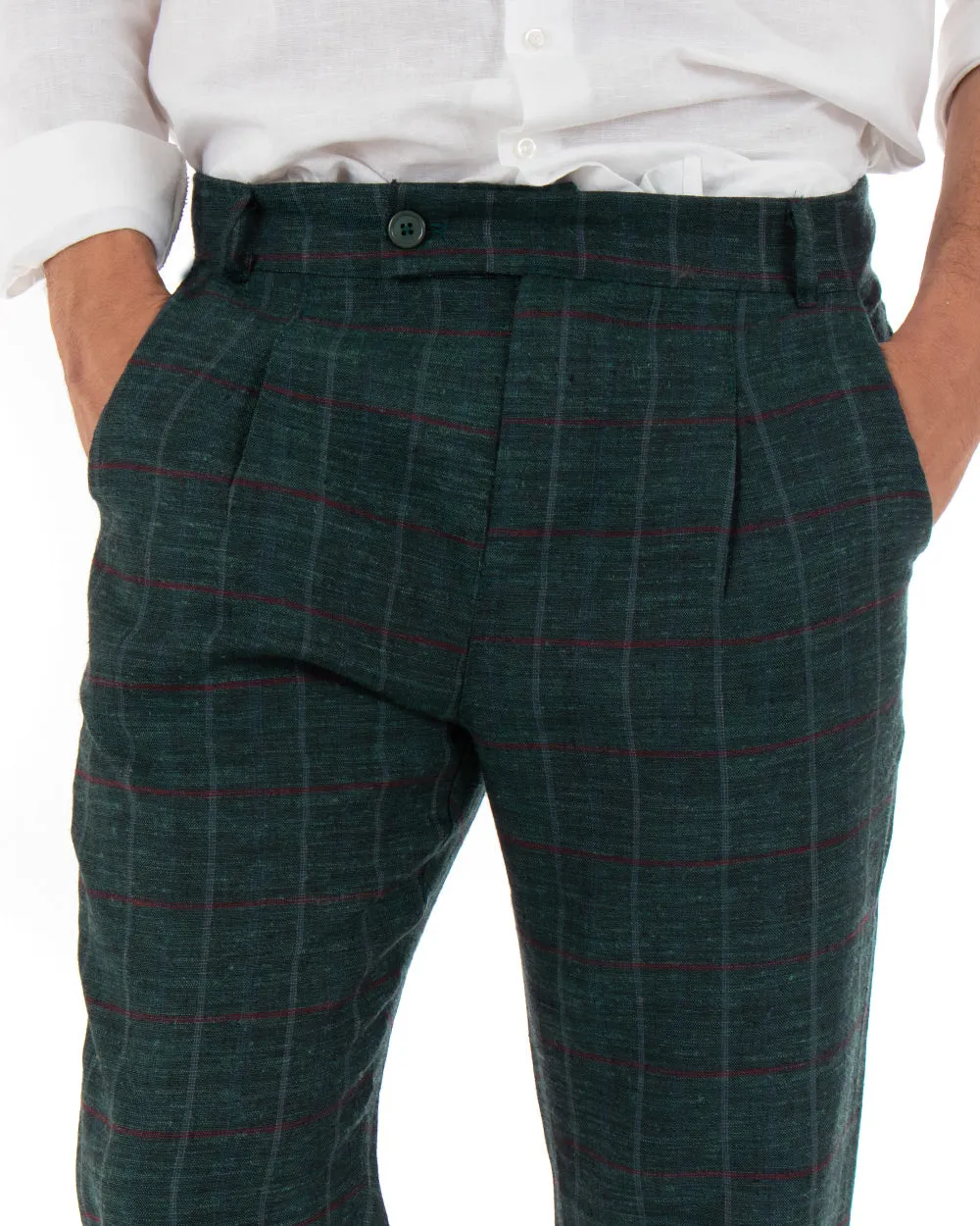 Pantaloni Uomo Tasca America Lino Classico Sartoriale Con Pinces Scozzese Verde GIOSAL-P3827A