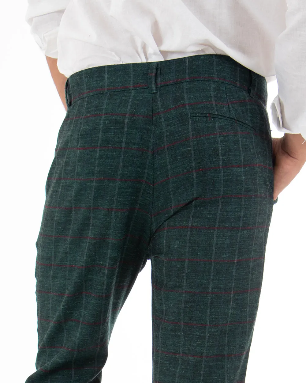 Pantaloni Uomo Tasca America Lino Classico Sartoriale Con Pinces Scozzese Verde GIOSAL-P3827A