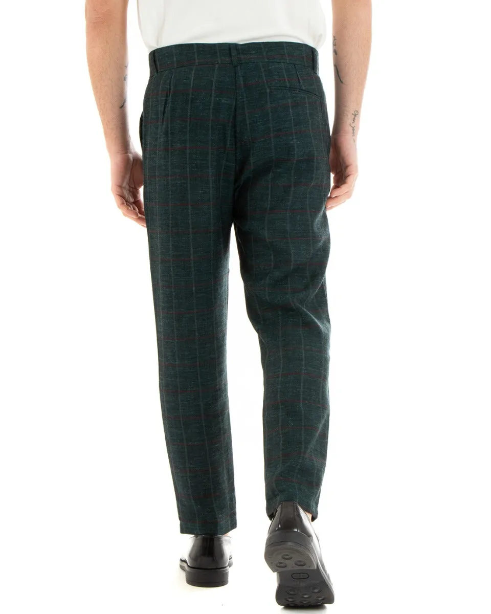 Pantaloni Uomo Tasca America Lino Classico Sartoriale Con Pinces Scozzese Verde GIOSAL-P3827A