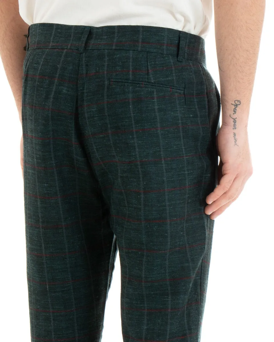 Pantaloni Uomo Tasca America Lino Classico Sartoriale Con Pinces Scozzese Verde GIOSAL-P3827A