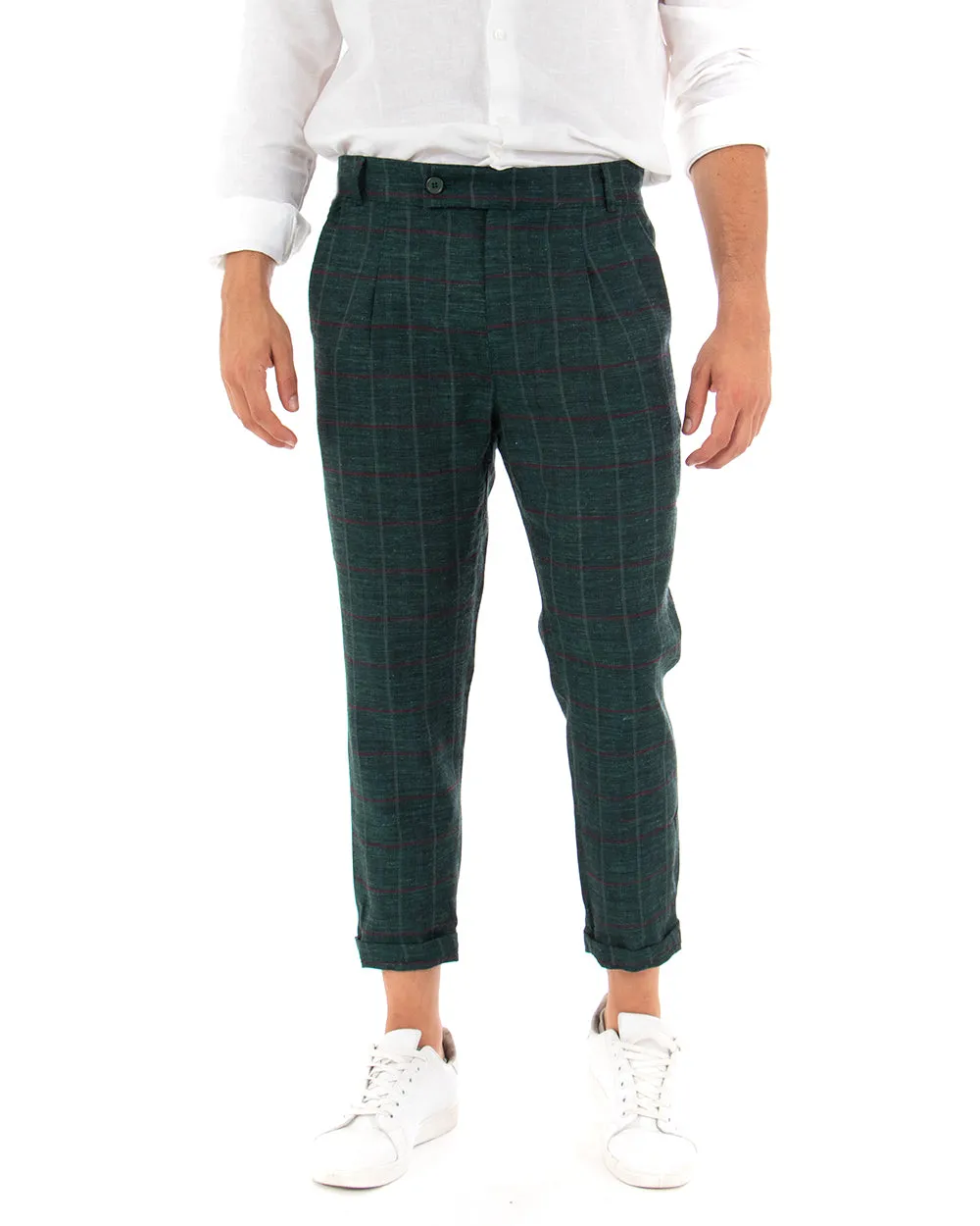 Pantaloni Uomo Tasca America Lino Classico Sartoriale Con Pinces Scozzese Verde GIOSAL-P3827A