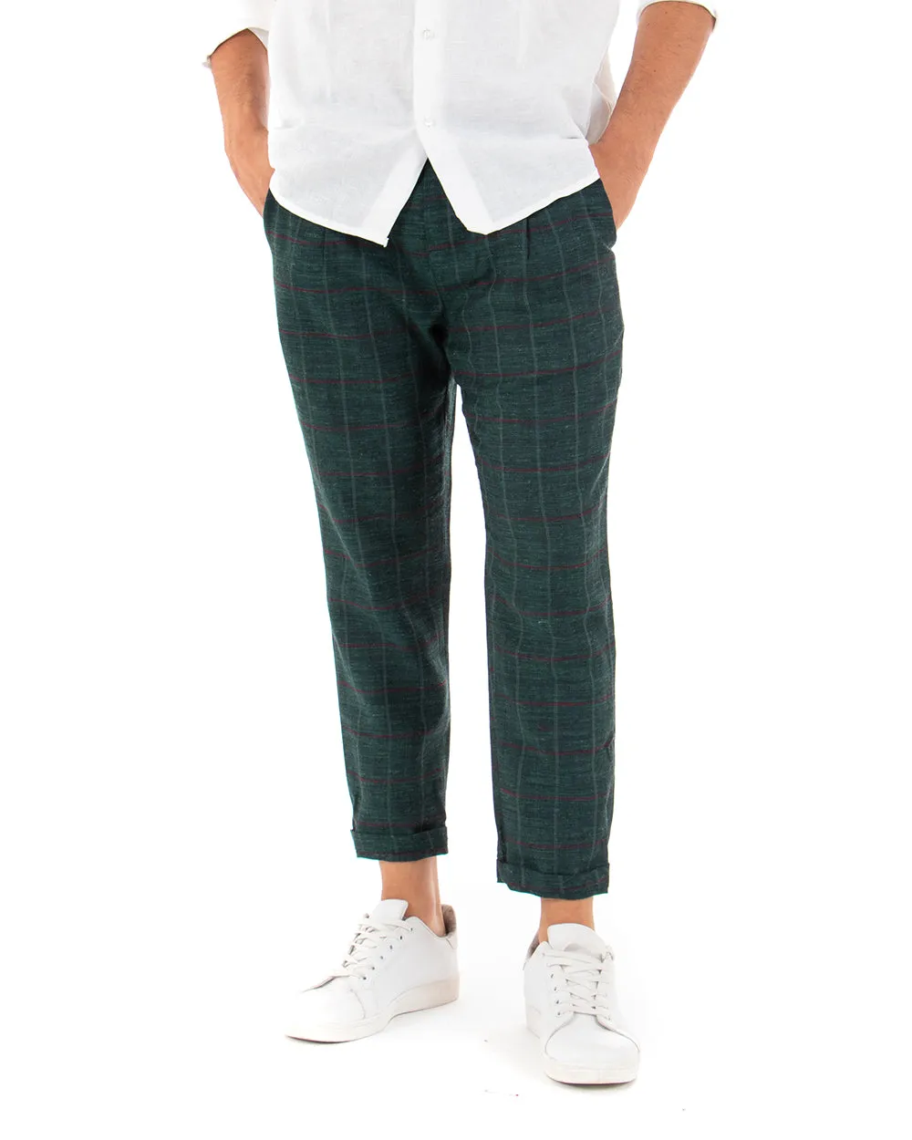 Pantaloni Uomo Tasca America Lino Classico Sartoriale Con Pinces Scozzese Verde GIOSAL-P3827A