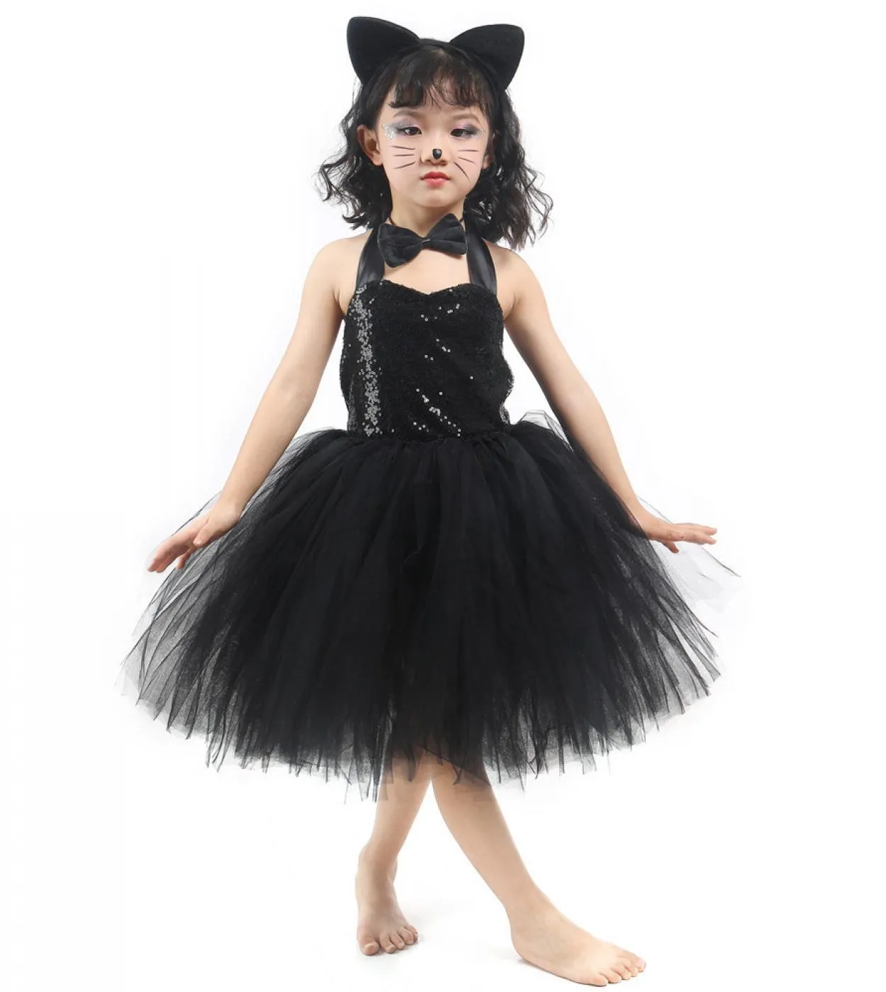 Solido paillettes nero gatto cosplay costume di halloween per bambini ragazze animale tutu vestito vestito per il compleanno del