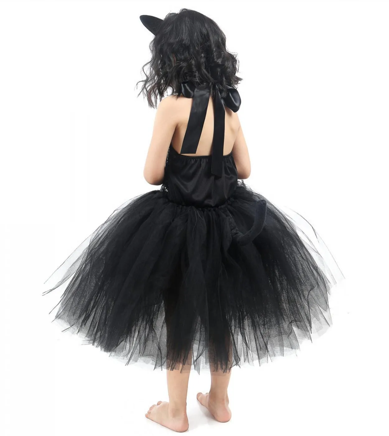 Solido paillettes nero gatto cosplay costume di halloween per bambini ragazze animale tutu vestito vestito per il compleanno del