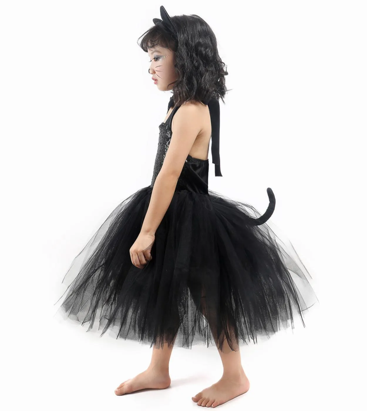 Solido paillettes nero gatto cosplay costume di halloween per bambini ragazze animale tutu vestito vestito per il compleanno del