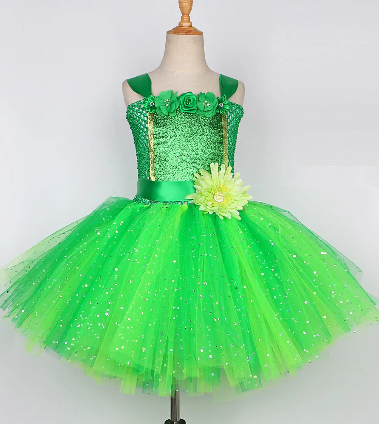 Sparkly Green Fairy Princess Abiti per ragazze Bambini Natale Costume di Halloween Flower Girl Farfalla Tutu Outfit con W