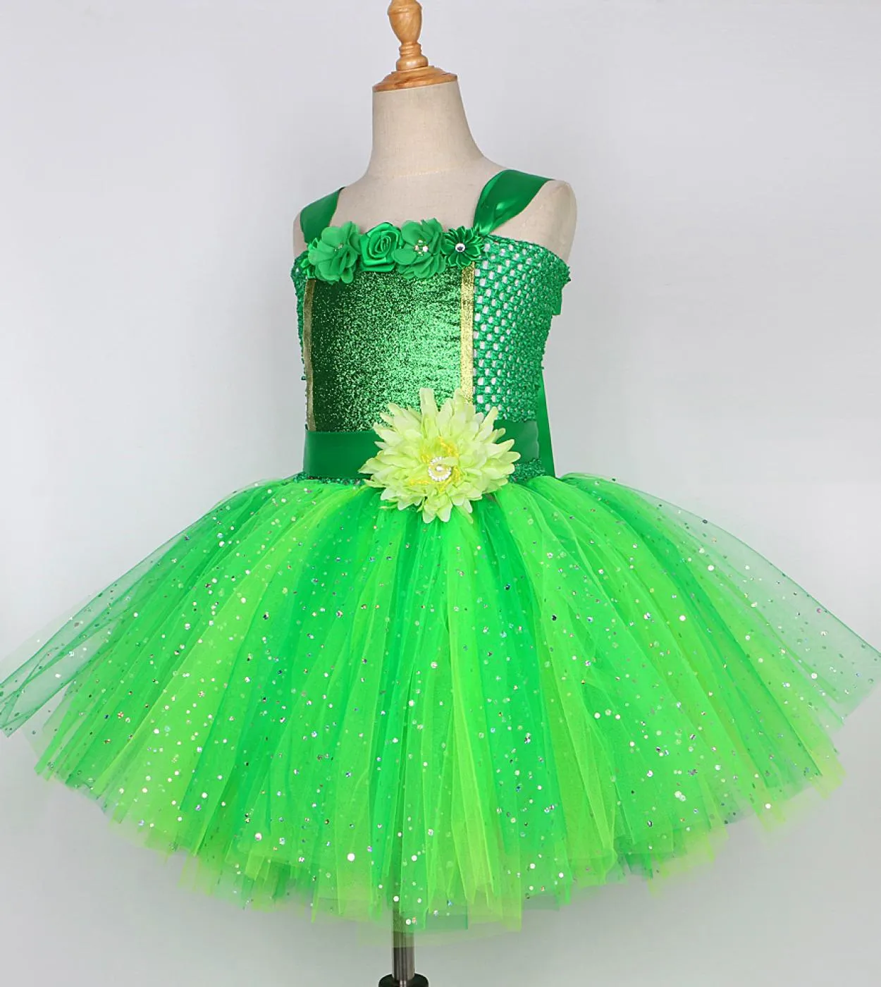 Sparkly Green Fairy Princess Abiti per ragazze Bambini Natale Costume di Halloween Flower Girl Farfalla Tutu Outfit con W