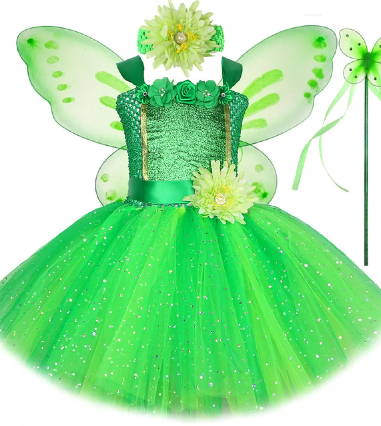 Sparkly Green Fairy Princess Abiti per ragazze Bambini Natale Costume di Halloween Flower Girl Farfalla Tutu Outfit con W