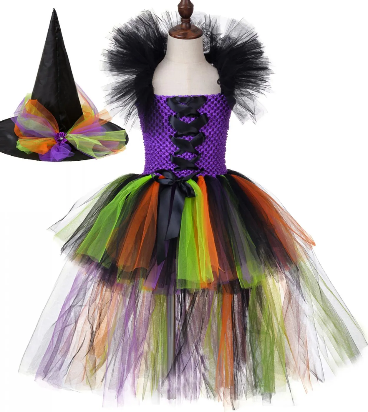 Strega Tutu Dress Girl Costume di Halloween per bambini Ragazze che trascinano abiti fantasia per la festa di carnevale Evil Wit